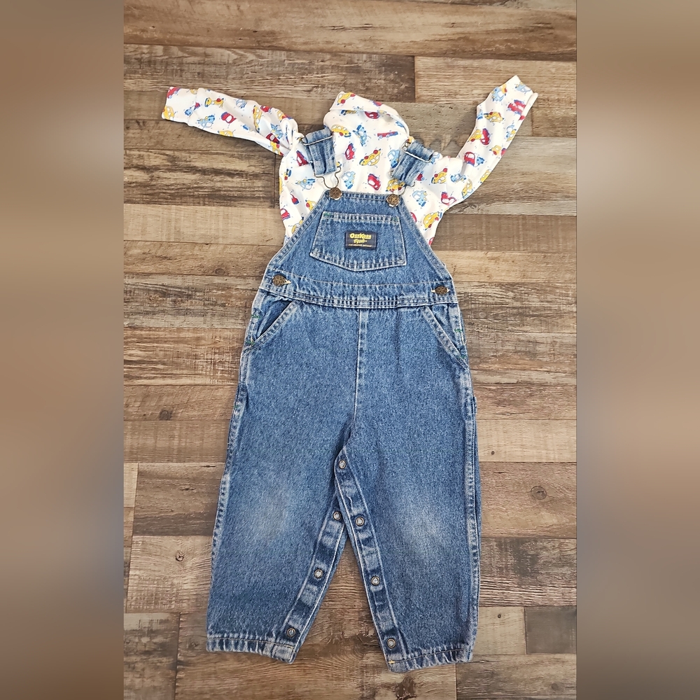Vintage OshKosh B'gosh Blue Denim Overalls with Colorful Shirt